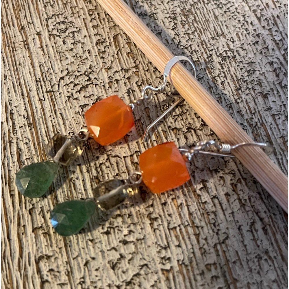 Carnelian & champagne quartz cube natural gemstone earrings. S.S.